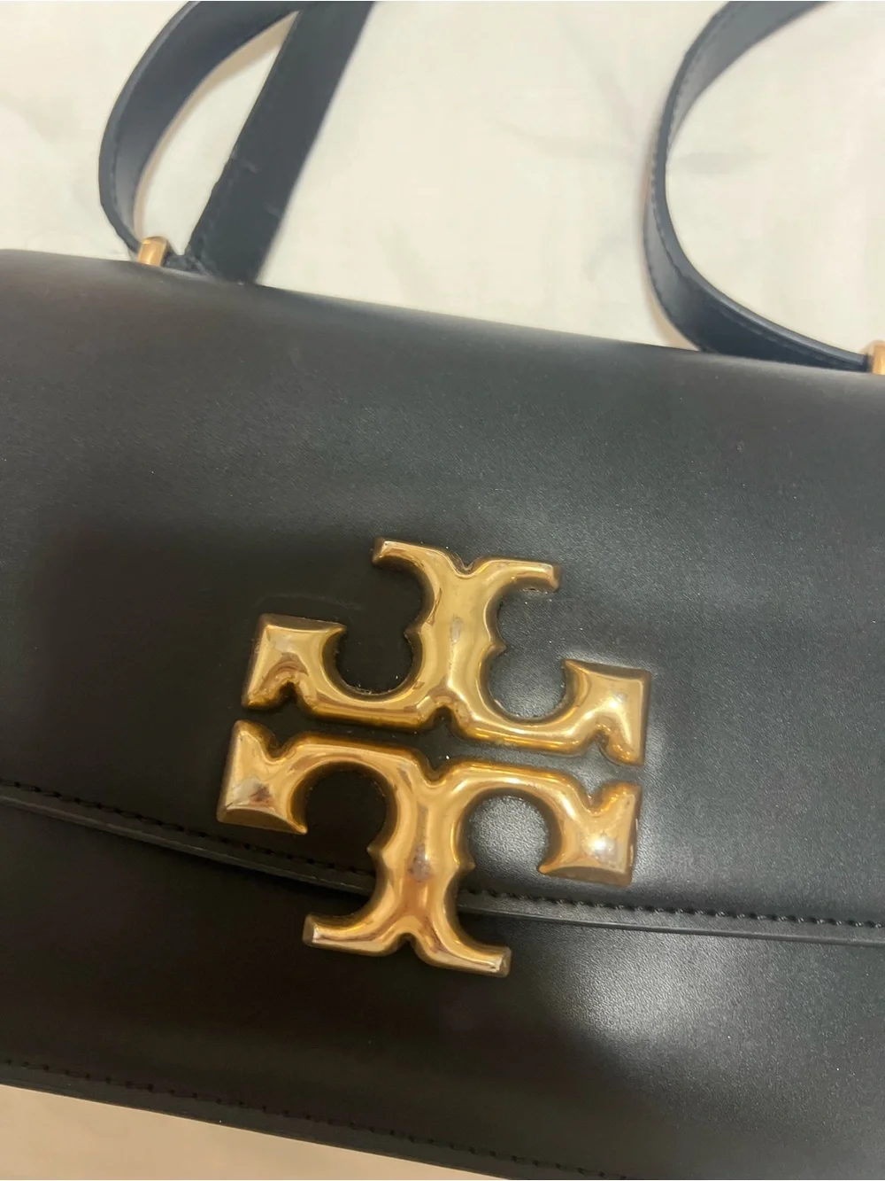 Tory Burch Eleanor Black Leather Crossbody with Gold Emblem